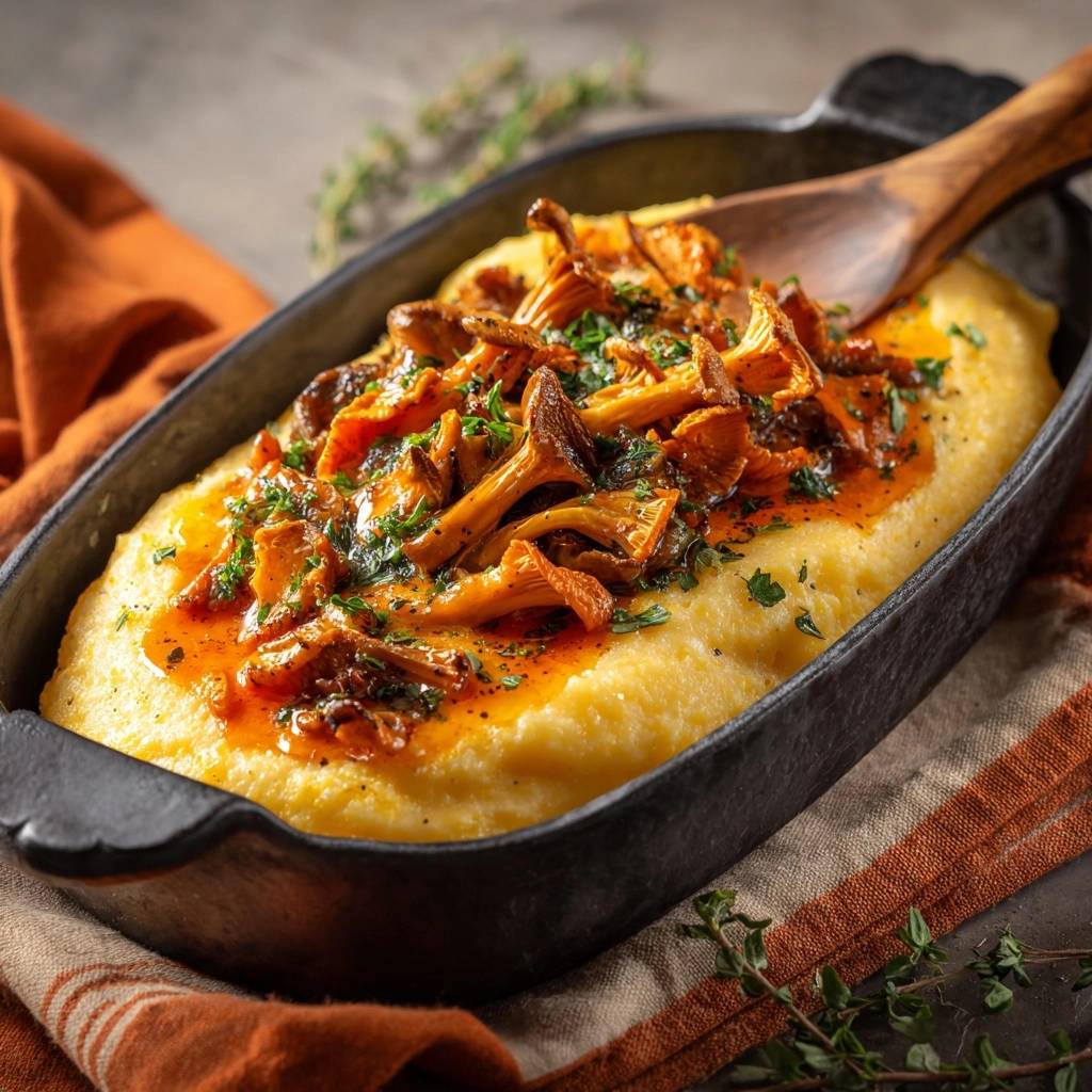 Cremige Polenta Mit Pfifferling Tomaten Ragout Draufsicht 1 Cremige Polenta mit Pfifferling-Tomaten-Ragout in einer Schüssel von oben gesehen, serviert mit frischen Kräutern und einem Holzlöffel.