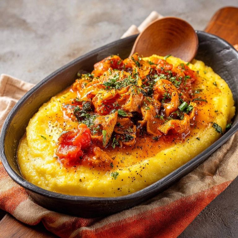 Cremige Polenta mit Pfifferling-Tomaten-Ragout, serviert in einer rustikalen Schüssel, mit einem Löffel und garniert mit frischer Petersilie.