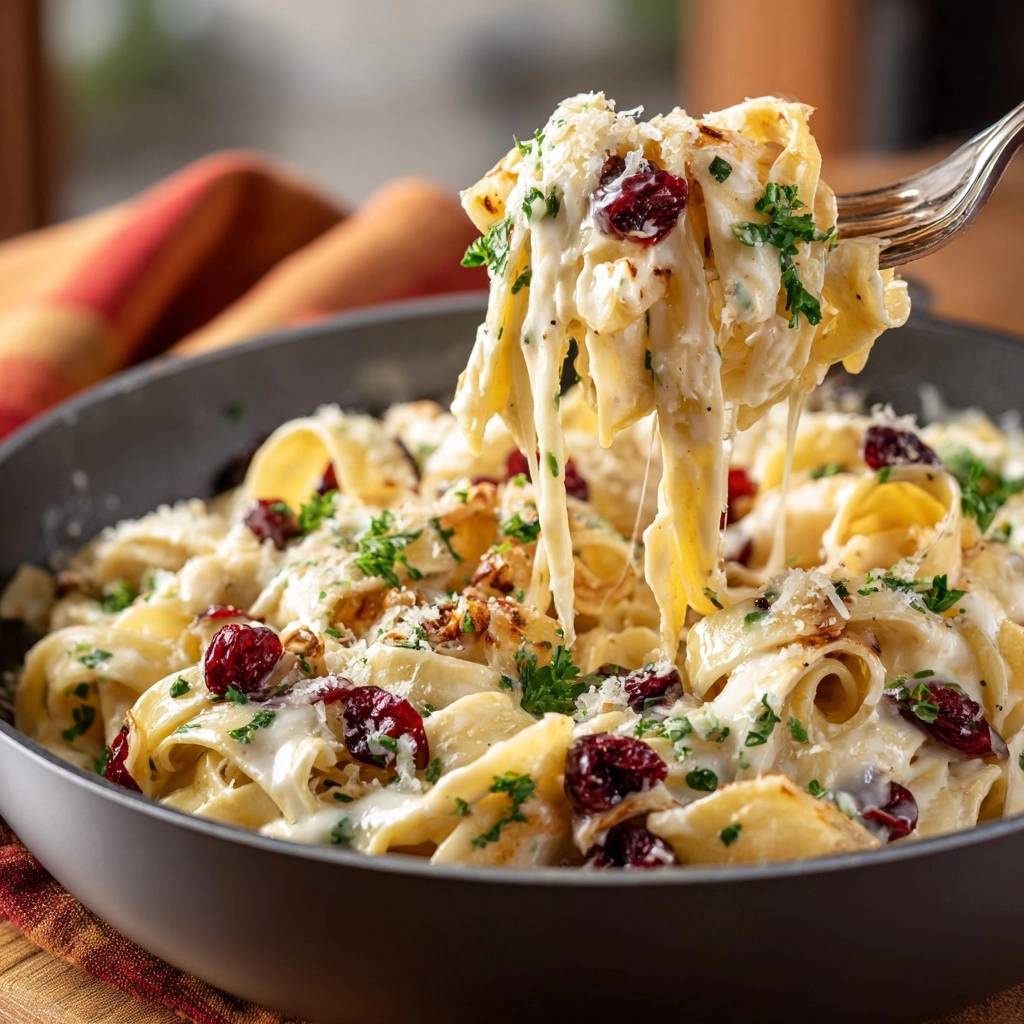 Cremige Tagliatelle Mit Huhn Cranberries Auf Gabel 1 Cremige Tagliatelle mit Hähnchen und Cranberries, die von einer Gabel gehoben werden, mit geschmolzenem Käse und frischen Kräutern.