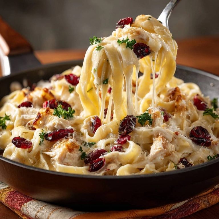 Cremige Tagliatelle mit Hähnchen und Cranberries, die von einer Gabel gehoben werden, mit geschmolzenem Käse und frischer Petersilie.