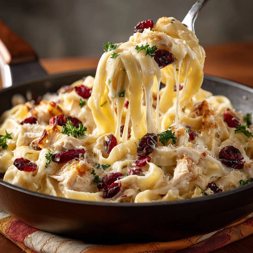 Cremige Tagliatelle mit Hähnchen und Cranberries, die von einer Gabel gehoben werden, mit geschmolzenem Käse und frischer Petersilie.