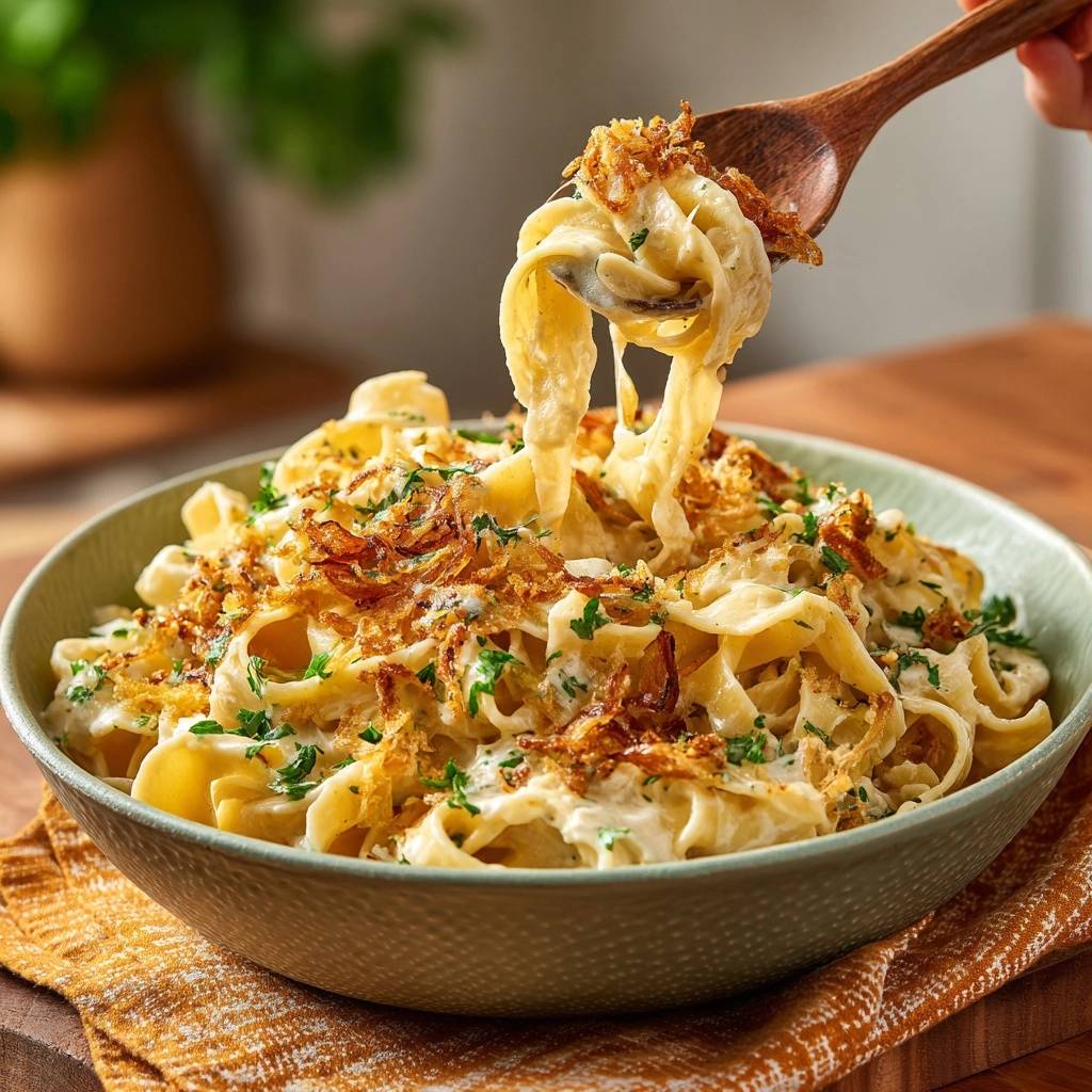 Cremige Tagliatelle mit knusprigen Zwiebeln, serviert mit einem Holzlöffel, der die cremige Pasta mit knusprigen Zwiebeln zeigt.