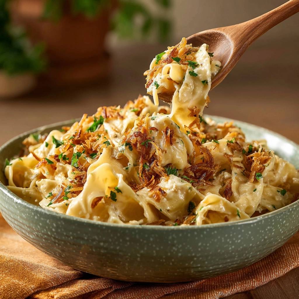 Cremige Tagliatelle Mit Knusprigen Zwiebeln Lffel Ansicht 1 Cremige Tagliatelle mit knusprigen Zwiebeln, serviert in einer Schüssel, mit einem Löffel, der die cremige Pasta zeigt.