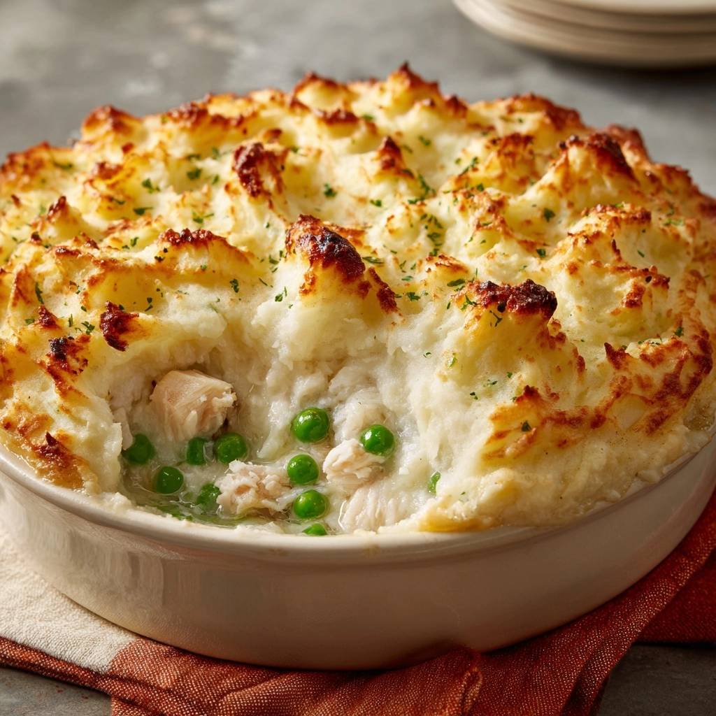 Cremiger Hähnchen-Erbsen-Auflauf mit Kartoffelkruste in Nahaufnahme. Der Anschnitt zeigt das saftige Innere mit Hähnchen und Erbsen.