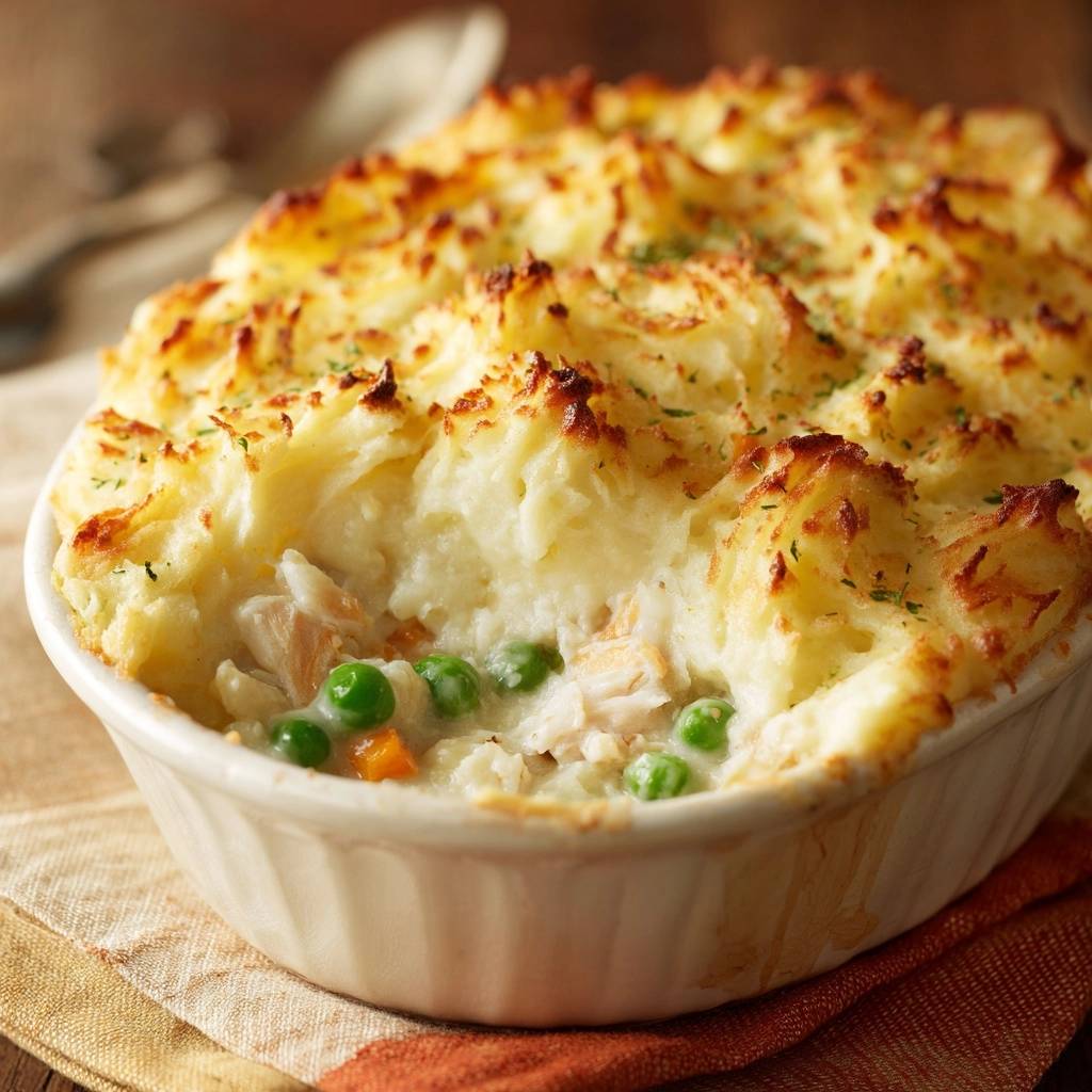 Cremiger Hähnchen-Erbsen-Auflauf mit Kartoffelkruste zeigt einen Nahaufnahme-Querschnitt, der die cremige Füllung und die knusprige Kartoffelkruste offenbart.