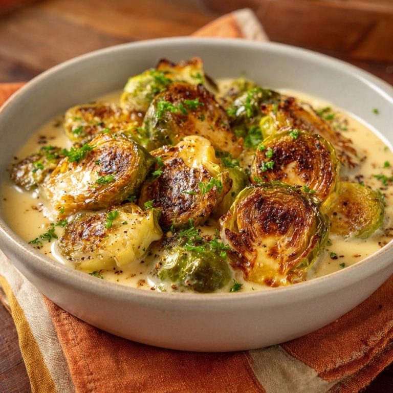 Cremiger Knusprig-Rosenkohl in einer Schüssel, Nahaufnahme der gebratenen Röschen in cremiger Sauce mit Petersiliengarnitur.