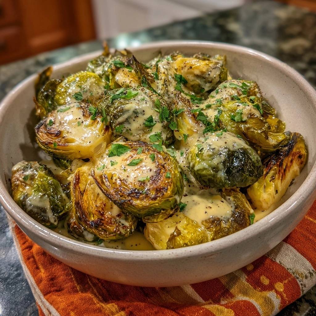 Cremiger Knusprig-Rosenkohl, serviert in einer rustikalen Schüssel, mit cremiger Sauce beträufelt und mit frischer Petersilie garniert.