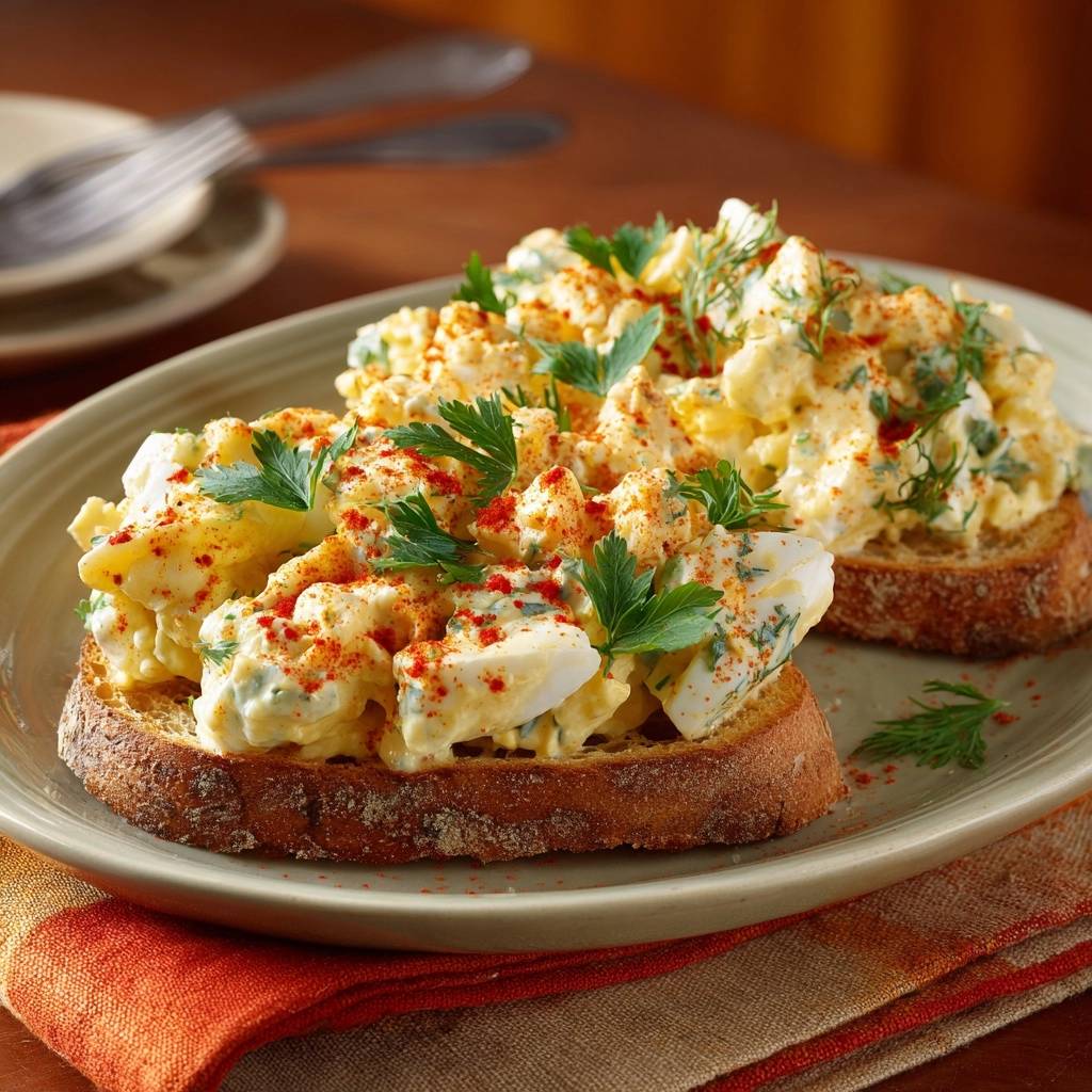 Cremiger Kräuter-Eiersalat auf Vollkornbrot serviert auf einem Teller. Die köstliche Eiersalat-Kreation ist mit frischen Kräutern und Paprika garniert.