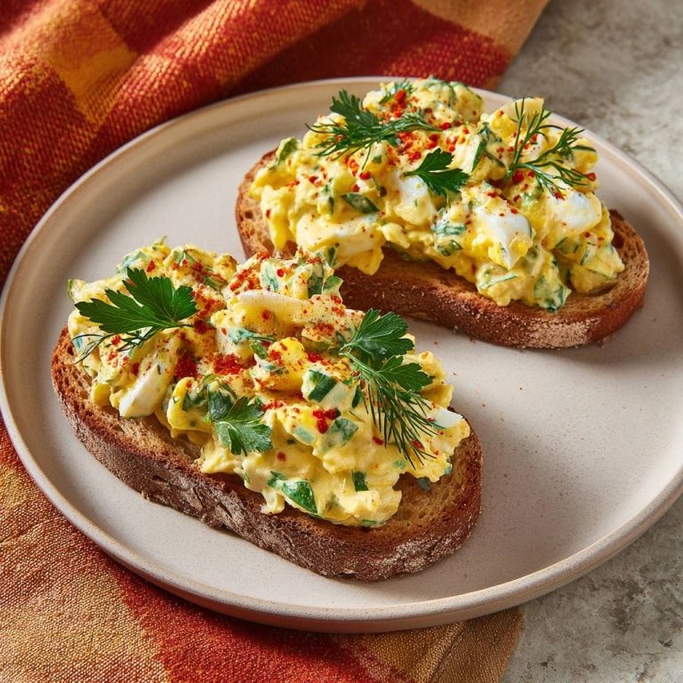 Cremiger Kräuter-Eiersalat auf Vollkornbrot serviert auf einem Teller, garniert mit frischen Kräutern und Paprikapulver. Ein leckeres, einfaches Frühstück oder Mittagessen.