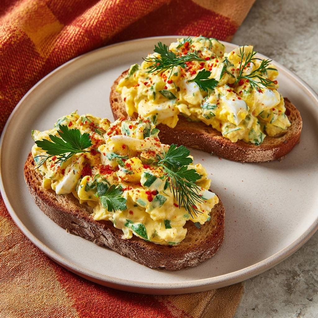 Cremiger Kräuter-Eiersalat auf Vollkornbrot serviert auf einem Teller, garniert mit frischen Kräutern und Paprikapulver. Ein leckeres, einfaches Frühstück oder Mittagessen.