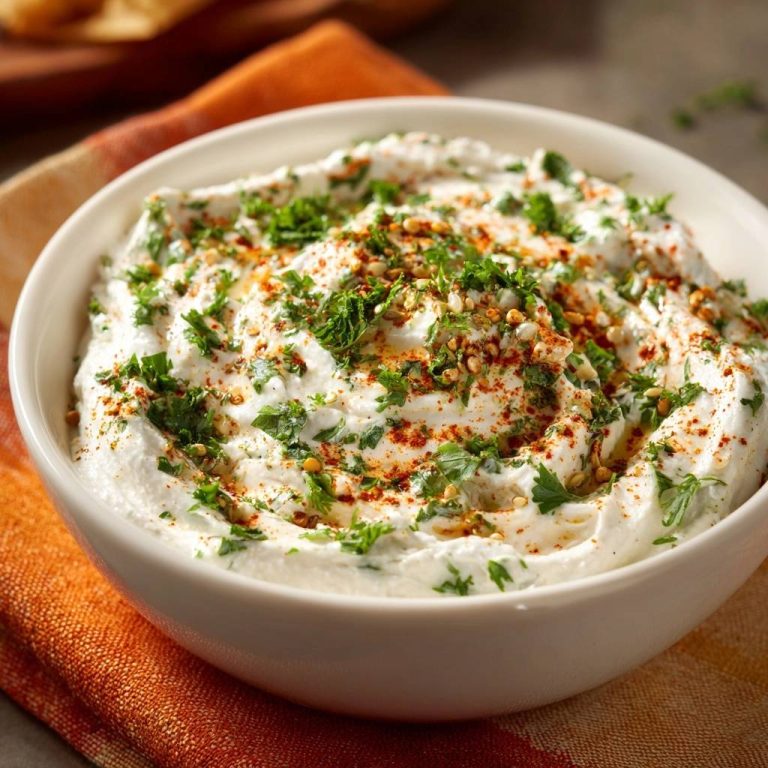 Cremiger Kräuter-Joghurt-Dip zu Nachos: Eine Nahaufnahme des cremigen Dips, der mit frischen Kräutern und Gewürzen garniert ist.