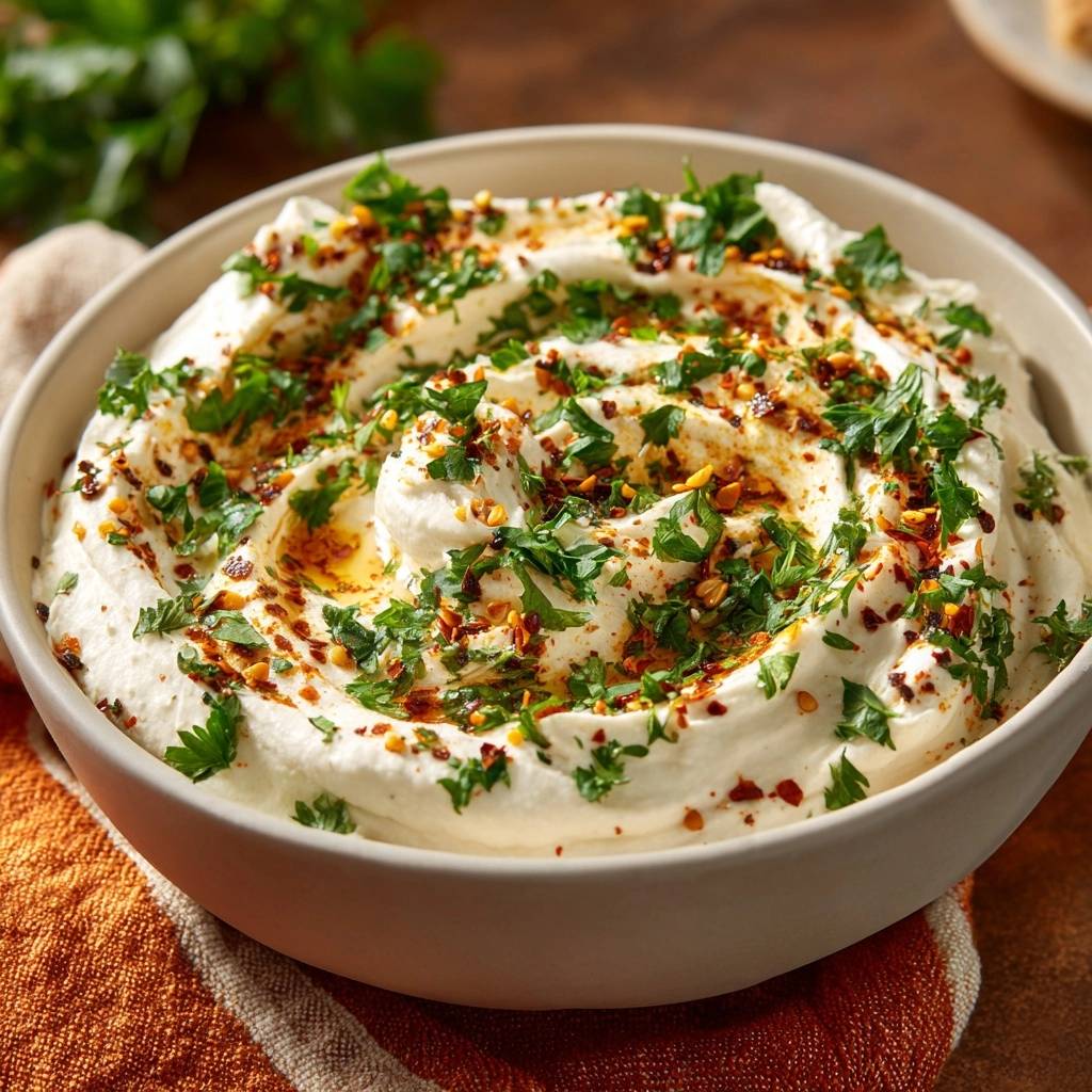 Cremiger Kraeuter Joghurt Dip Zu Nachos Draufsicht Garniert 1 Cremiger Kräuter-Joghurt-Dip zu Nachos, serviert in einer Schüssel. Der Dip ist mit frischen Kräutern und Gewürzen garniert.