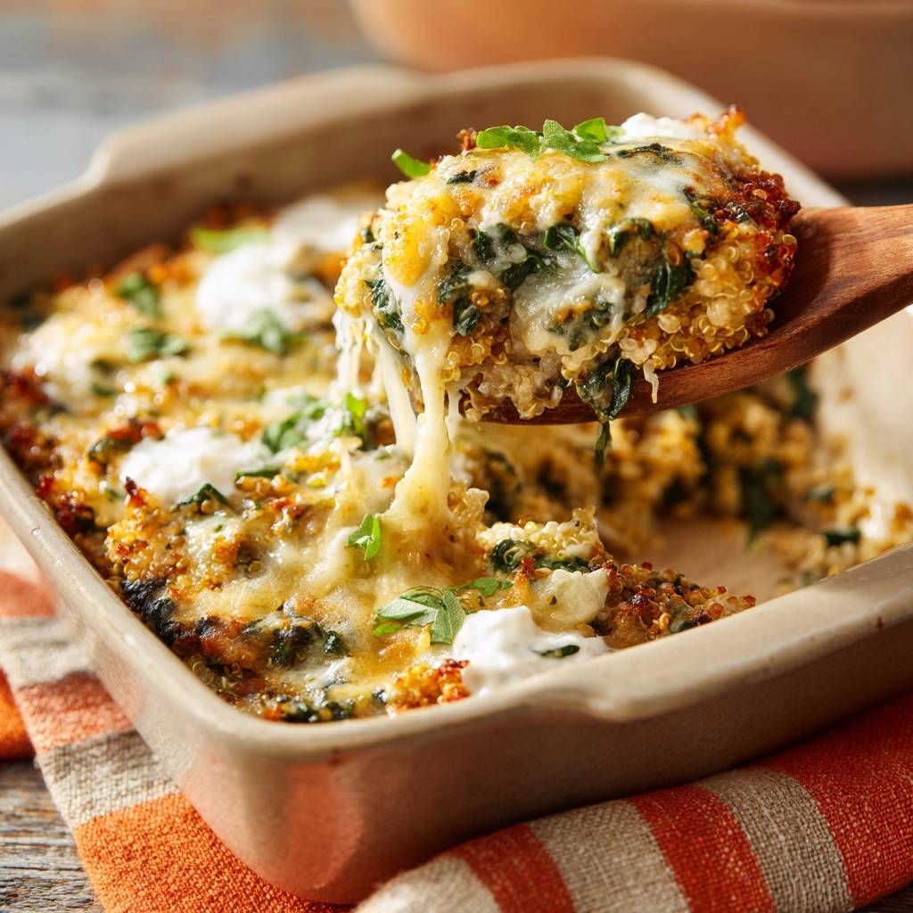 Cremiger Quinoa Spinat Auflauf Auf Dem Loeffel 1 Cremiger Quinoa-Spinat-Auflauf wird auf einem Holzlöffel serviert, mit geschmolzenem Käse und frischen Kräutern.