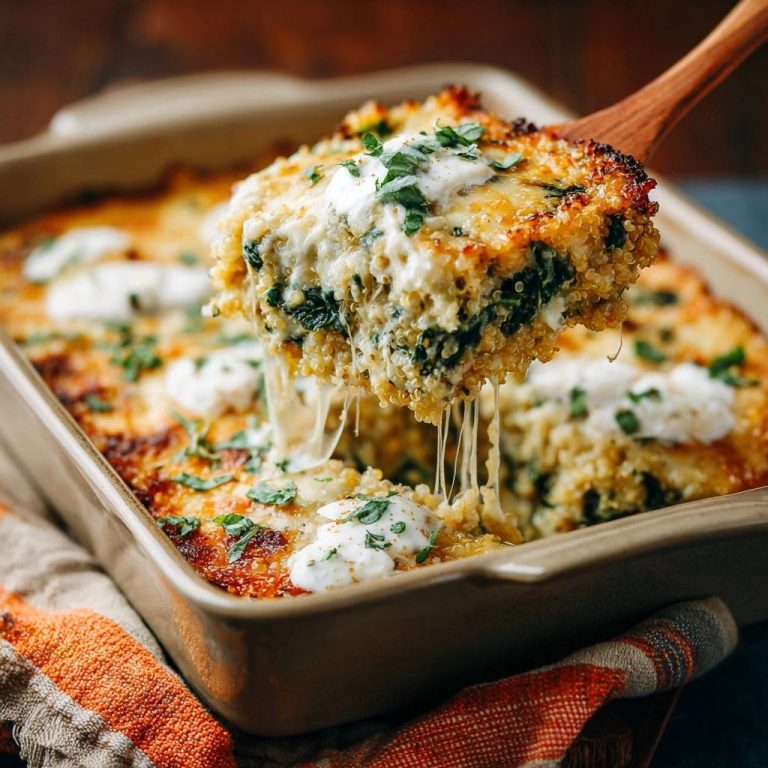Cremiger Quinoa-Spinat-Auflauf mit geschmolzenem Käse, der sich beim Herausheben aus der Auflaufform zieht, garniert mit frischer Petersilie.