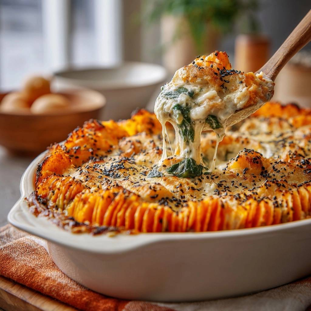 Cremiger Süßkartoffel-Spinat-Fisch-Auflauf mit Sesamkruste, serviert auf einem Holzlöffel, mit geschmolzenem Käse und frischem Spinat.