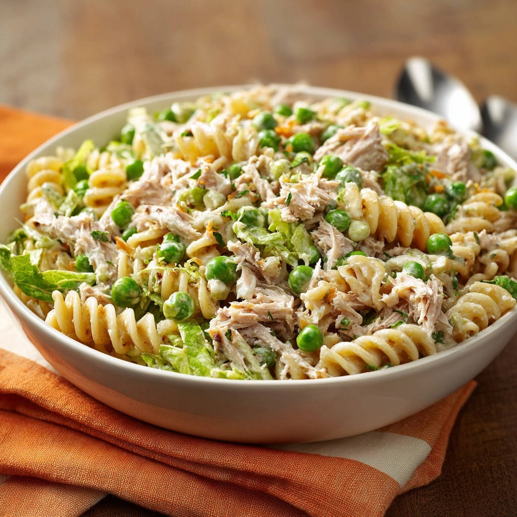 Cremiger Thunfisch-Nudelsalat mit Fusilli-Nudeln, Erbsen und Sellerie, nah aufgenommen in einer weißen Schüssel.
