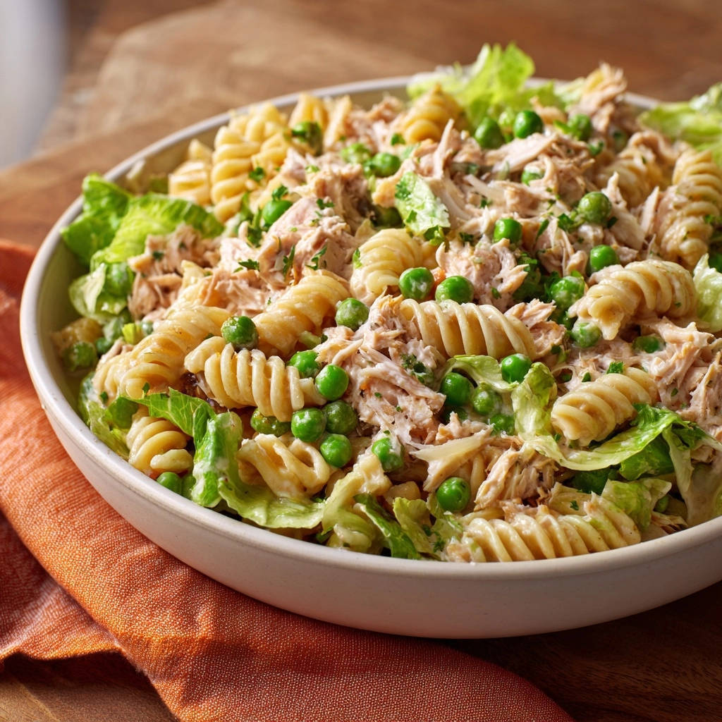 Cremiger Thunfisch-Nudelsalat in Nahaufnahme präsentiert, mit frischen Erbsen, Spiralnudeln und knackigem Salat angerichtet. Der cremige Thunfisch-Nudelsalat ist ein Genuss.