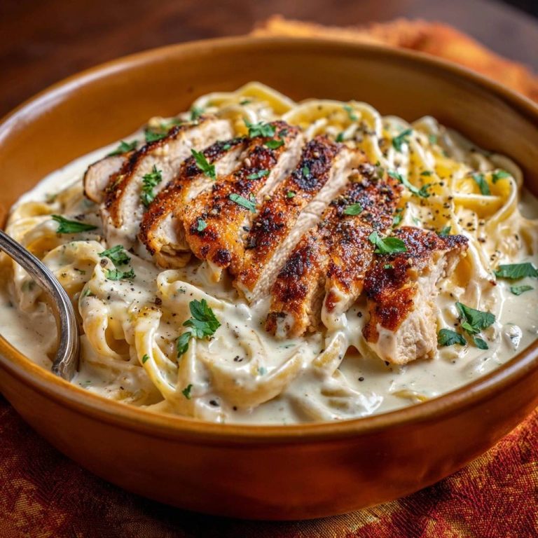 Cremiges Hähnchen-Fettuccine in einer Schüssel serviert, mit saftigem, gebratenem Hähnchen auf cremigen Fettuccine-Nudeln.