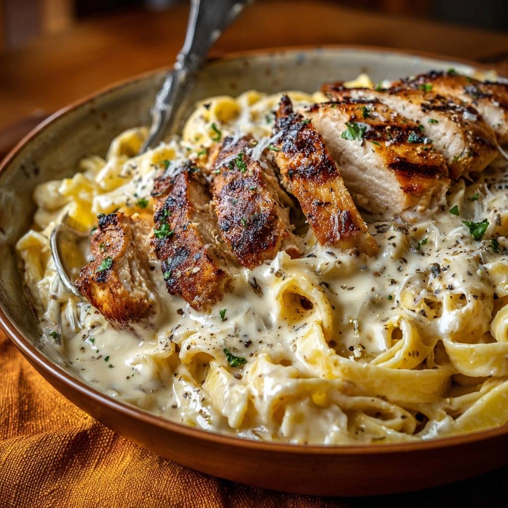Cremiges Huhnchen Fettuccine Nahaufnahme Serviert 1 Cremiges Hähnchen-Fettuccine in einer Schüssel serviert, mit saftigem Hähnchen und cremiger Sauce, die über die Nudeln gegossen wird.