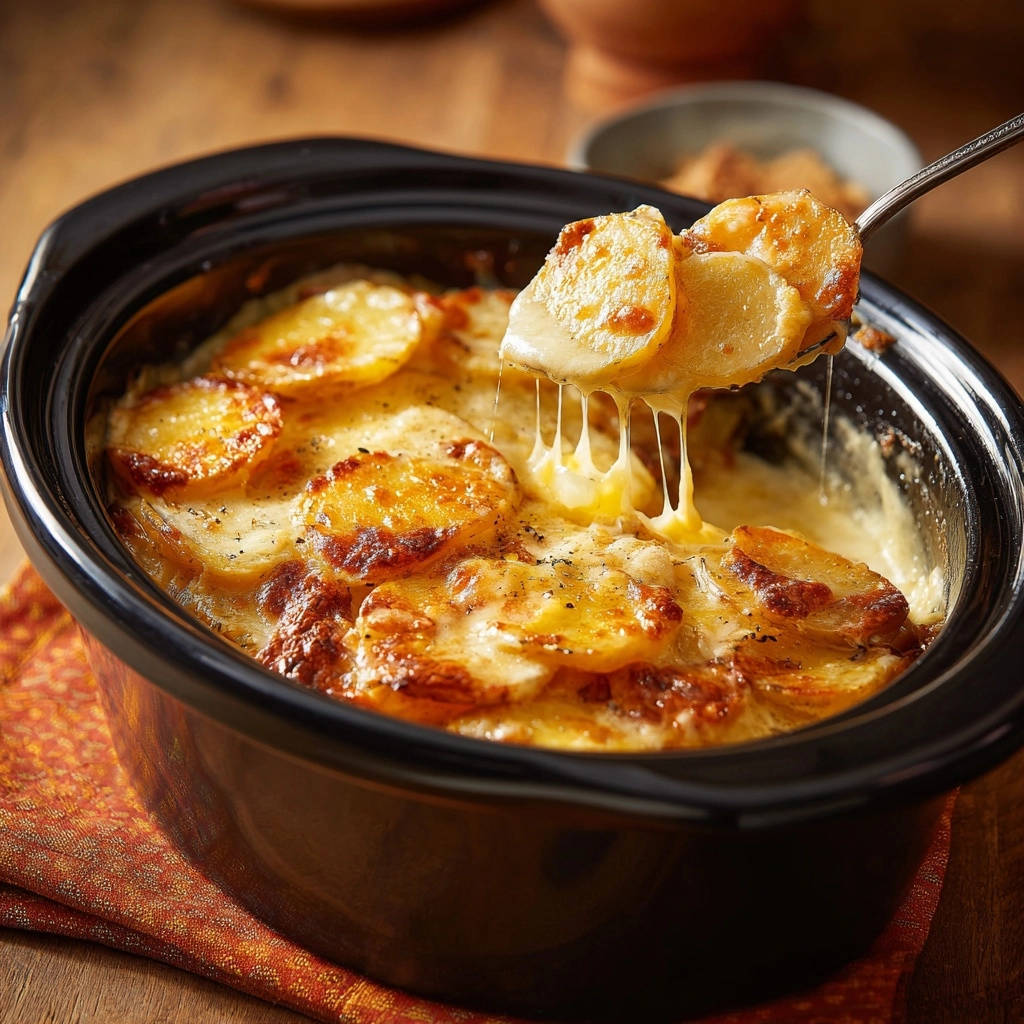 Cremiges Kartoffelgratin Nahaufnahme Kaese Zieht 1 Cremiges Kartoffelgratin vom Feinsten, mit geschmolzenem Käse, der sich beim Abheben vom Löffel zieht. Ein köstliches Gratin, perfekt zubereitet.