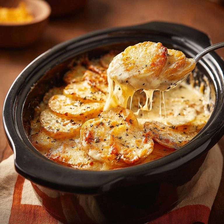 Cremiges Kartoffelgratin vom Feinsten, mit cremigem Käse, der sich appetitlich von der Gabel zieht. Ein herzhaftes Gericht, perfekt zubereitet.