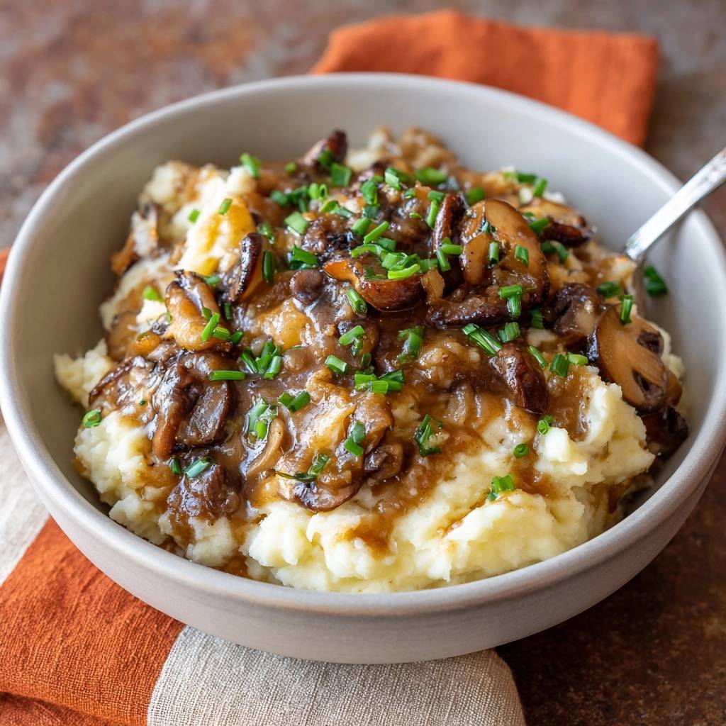 Cremiges Kartoffelpuree Mit Pilzsosse Serviert 1 Cremiges Kartoffelpüree mit Pilzsoße serviert in einer Schüssel, garniert mit frischen Kräutern, ein köstliches Gericht für Feinschmecker.