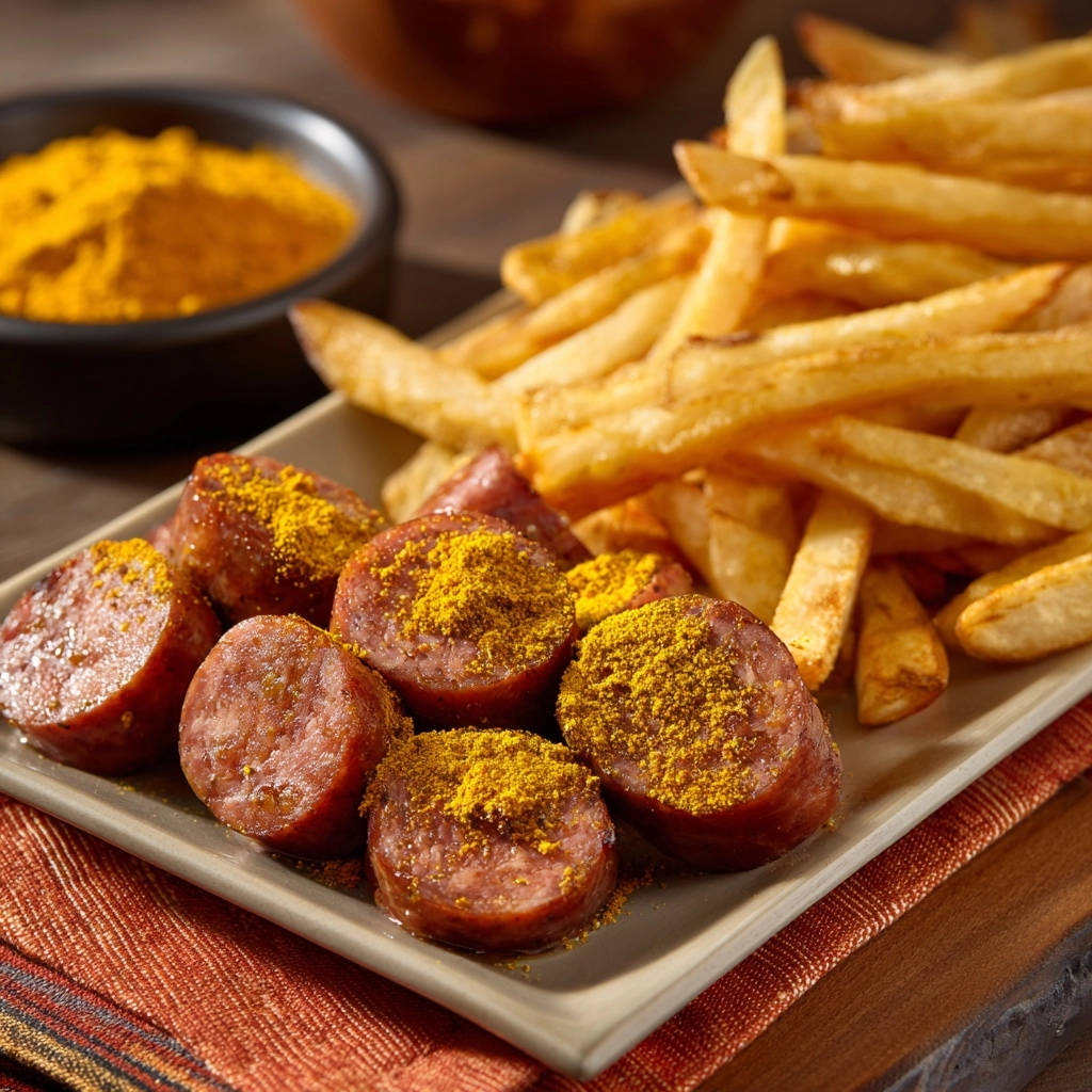 Currywurst Mit Pommes Serviert 1 Saftige Currywurst mit knusprigen Pommes serviert auf einem rechteckigen Teller, garniert mit Currypulver und Pommes Frites.