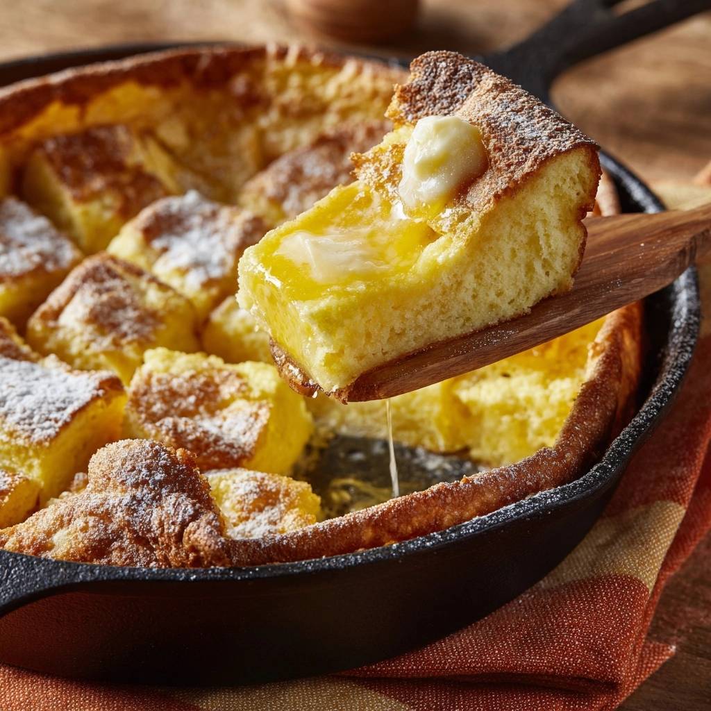Dutch Baby Ofenpfannkuchen Nahaufnahme Mit Butter 1 Dutch Baby Ofenpfannkuchen angeschnitten mit schmelzender Butter und Puderzucker bestäubt, bereit zum Servieren in einer Gusspfanne.