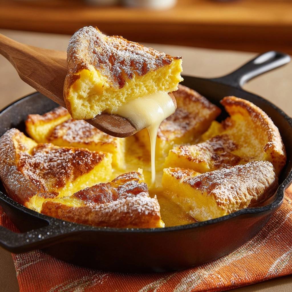 Dutch Baby Ofenpfannkuchen mit einem saftigen flüssigen Kern, der aus einer frisch gebackenen Scheibe herausquillt.