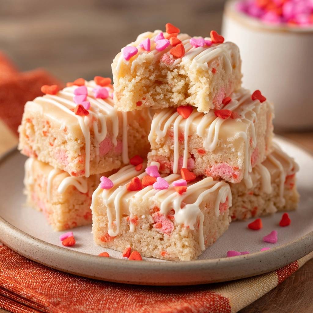 Erdbeer Weissschokoladen Fudge Herzen Angeschnitten 1 Erdbeer-Weißschokoladen-Fudge Herzen angeschnitten, zeigt die cremige Textur und die rosa Schokostückchen im Inneren.