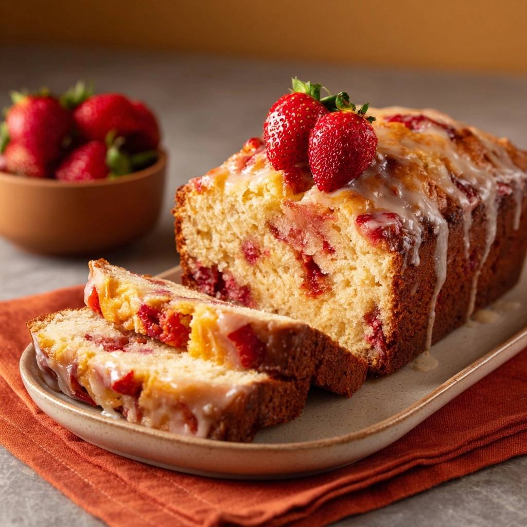 Erdbeerkuchen mit Glasur, ein saftiger Kuchen mit frischen Erdbeeren, präsentiert im Nahaufnahme-Querschnitt, der die Textur zeigt.