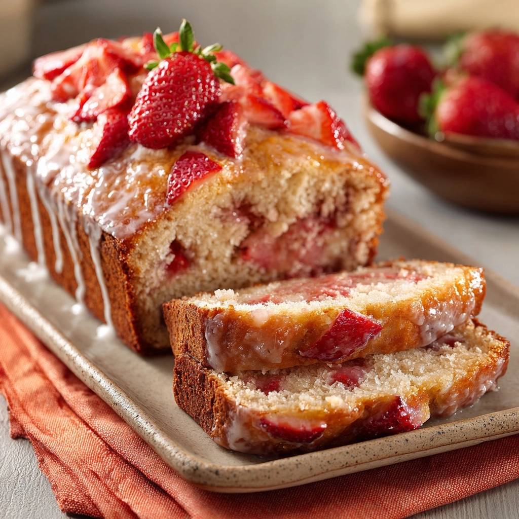 Erdbeerkuchen mit Glasur zeigt eine Nahaufnahme der geschnittenen Scheiben mit saftigen Erdbeeren und einer glänzenden Glasur. Der köstliche Kuchen ist perfekt gebacken.