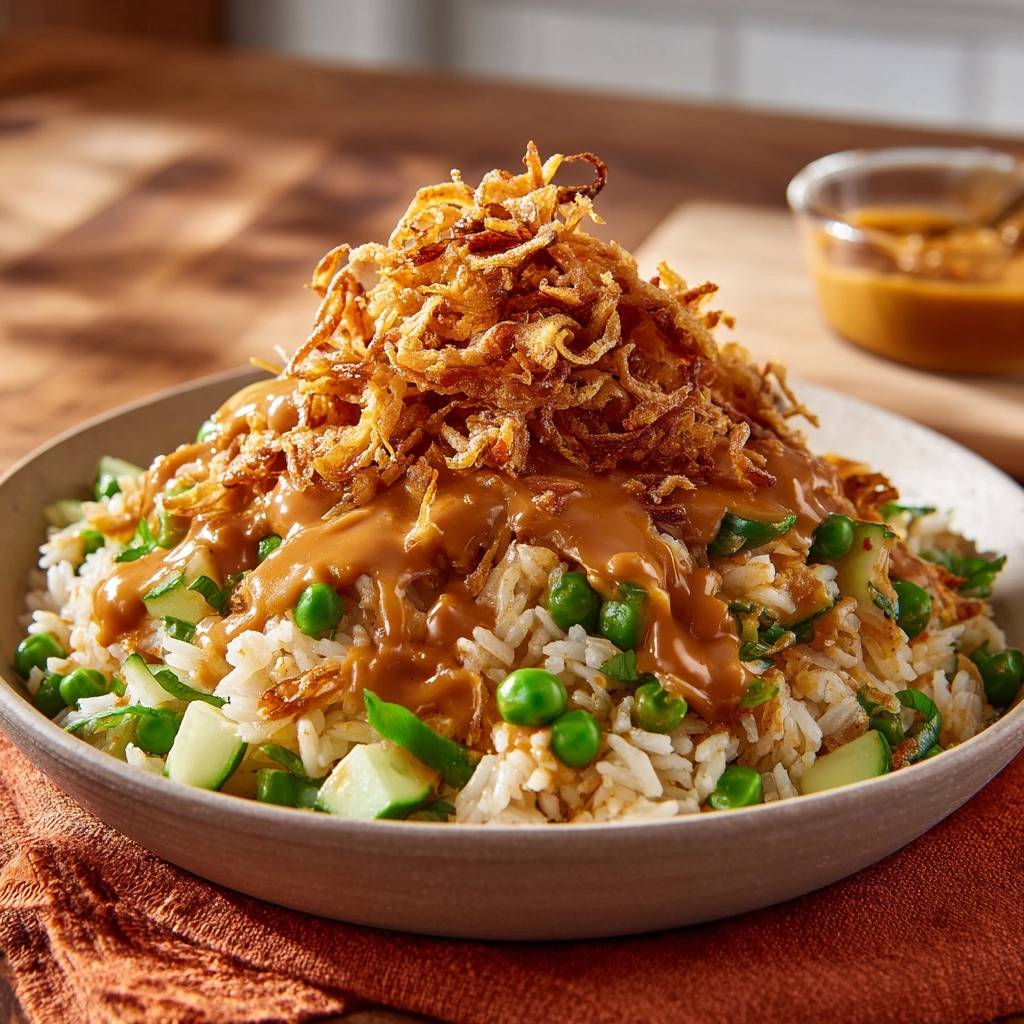 Erdnuss Reis Bowl Mit Knusprigen Zwiebeln Draufsicht 1 Erdnuss-Reis-Bowl mit Knusprigen Zwiebeln, serviert in einer Schüssel, mit knusprigen Zwiebeln und einer köstlichen Sauce von oben betrachtet.