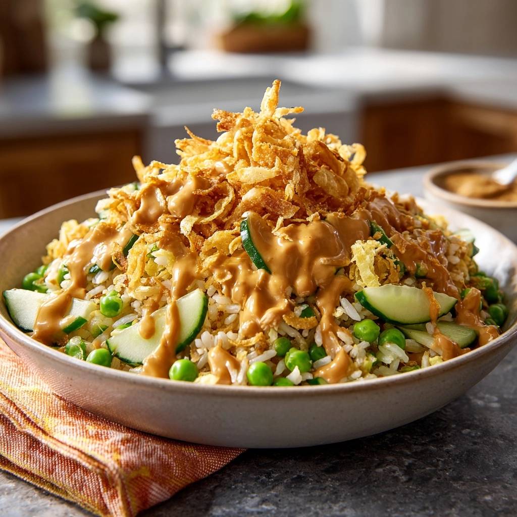 Erdnuss-Reis-Bowl mit Knusprigen Zwiebeln, serviert in einer Schüssel, mit Gurkenscheiben und Erbsen dekoriert, von oben betrachtet.