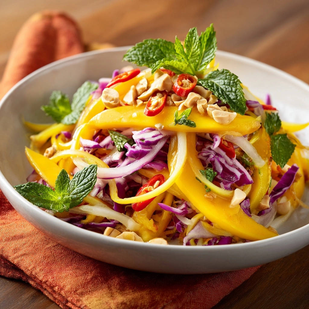 Exotischer Mango-Krautsalat in einer weißen Schüssel serviert, garniert mit frischer Minze, Erdnüssen und Chili. Eine erfrischende und farbenfrohe Mahlzeit.