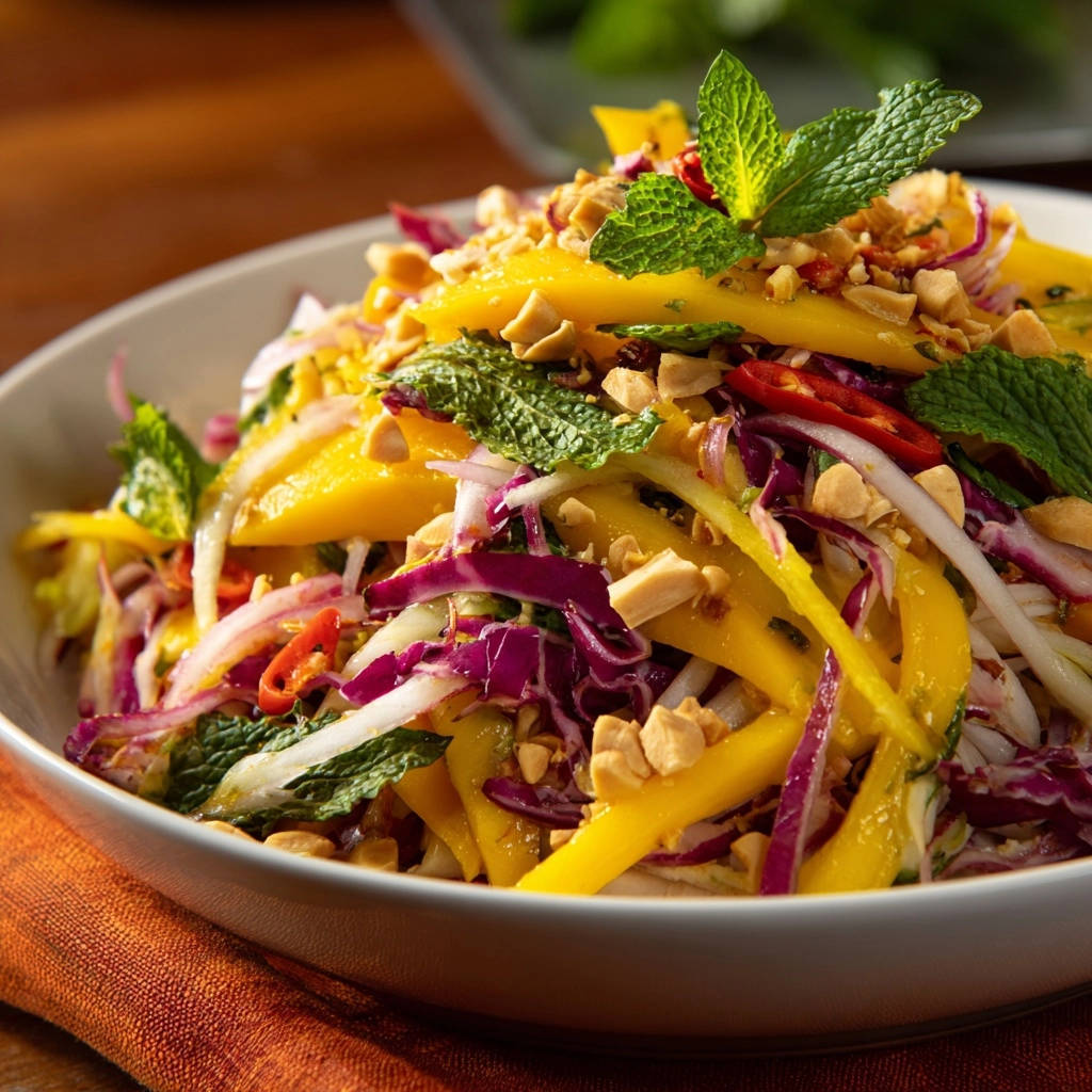 Exotischer Mango-Krautsalat in einer weißen Schüssel serviert, garniert mit frischer Minze und Erdnüssen, von oben fotografiert.