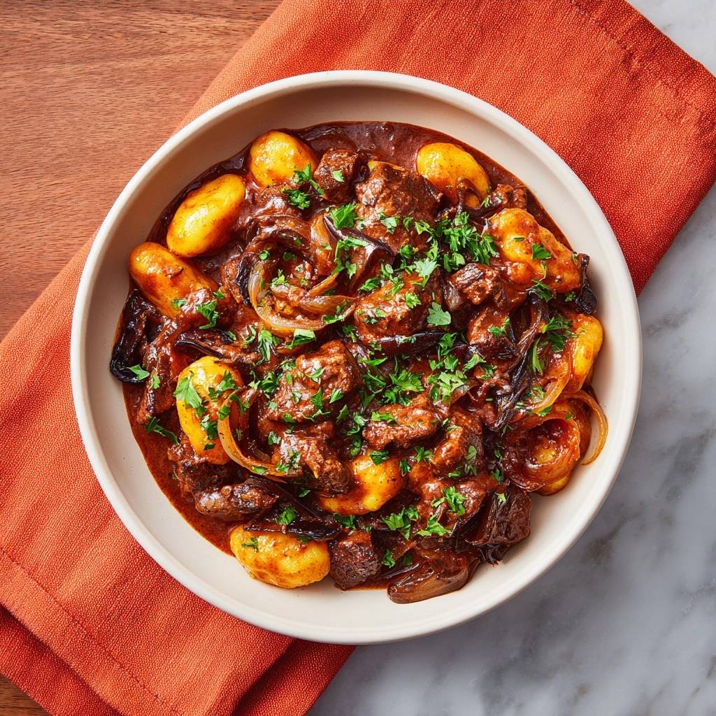 Fluffige Gnocchi im aromatischen Rindergulasch, serviert in einer cremigen Soße, garniert mit frischer Petersilie, aus der Vogelperspektive.