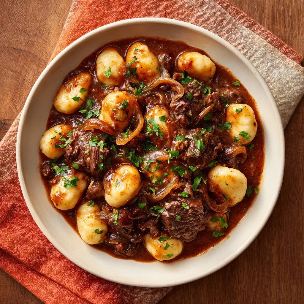 Fluffige Gnocchi im aromatischen Rindergulasch, serviert in einer cremigen Soße, draufsicht von oben mit frischer Petersilie garniert.