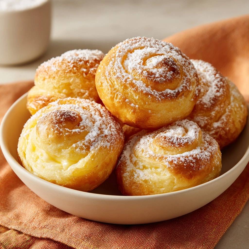Fluffige Mini-Schnecken in einer Nahaufnahme, frisch gebacken und mit Puderzucker bestäubt, serviert in einer cremefarbenen Schale.