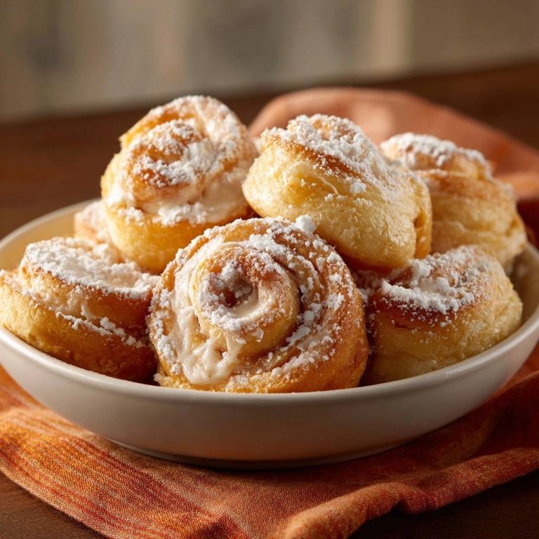 Fluffige Mini-Schnecken in einer Nahaufnahme, perfekt mit Puderzucker bestäubt und in einer weißen Schüssel serviert.