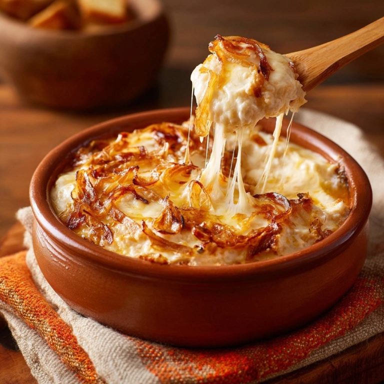 Französischer Zwiebel-Käse-Dip zeigt geschmolzenen Käse, der sich von einer Holzschöpfkelle zieht, bereit zum Servieren.