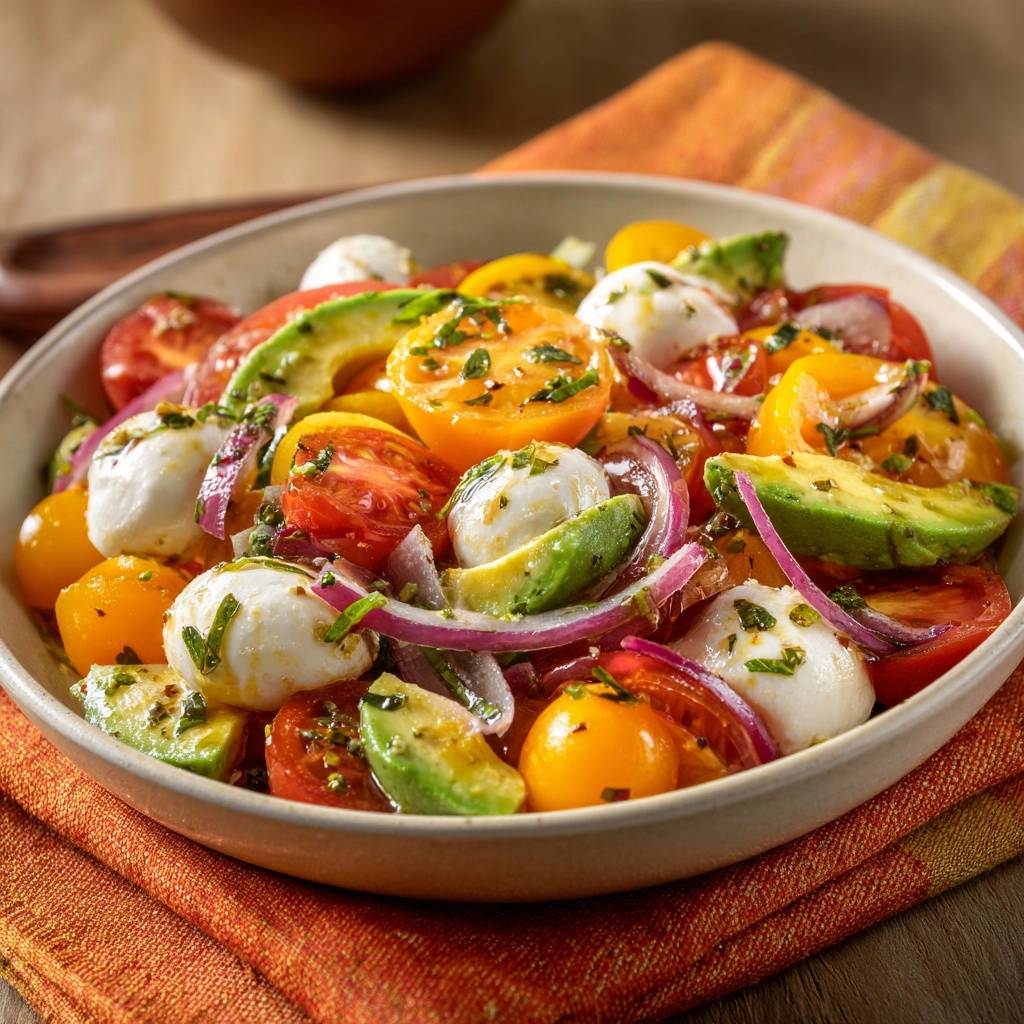 Frischer Mozzarella-Avocado-Tomaten-Salat, serviert in einer Schüssel, mit einer Nahaufnahme der frischen Zutaten und der köstlichen Texturen.