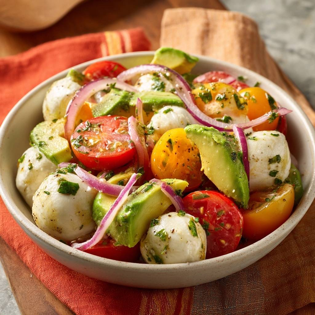 Frischer Mozzarella-Avocado-Tomaten-Salat, eine farbenfrohe Draufsicht, serviert in einer rustikalen Schüssel auf einem Holztisch. Die Zutaten sind frisch und appetitlich.