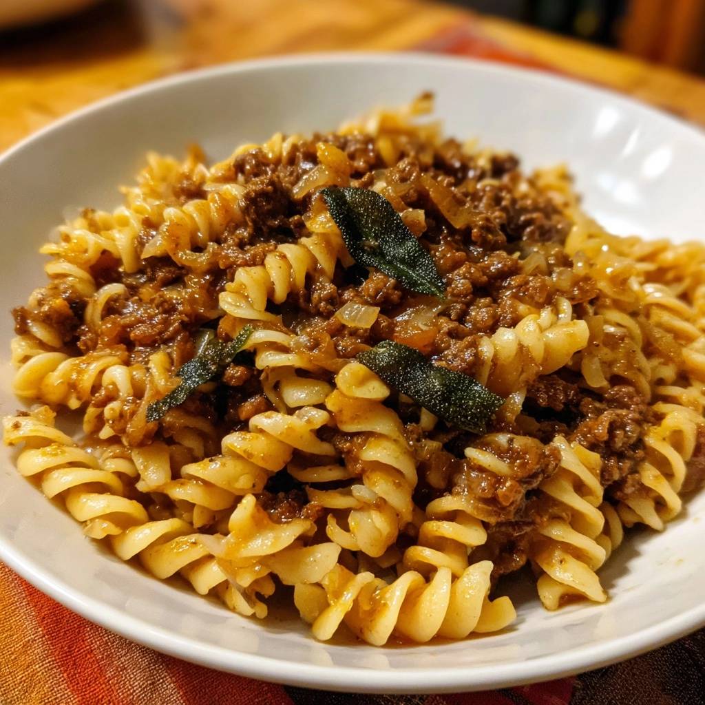 Fusilli Mit Hackfleischragout Serviert 1 Fusilli mit Hackfleischragout und Salbei, serviert in einer weißen Schüssel, präsentiert auf einem bunten Tisch. Das Hackfleischragout bedeckt die Spiralnudeln.