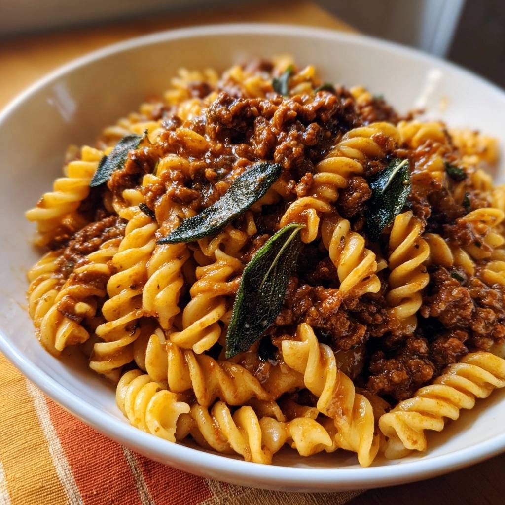 Fusilli mit Hackfleischragout und Salbei in einer Schüssel. Nahaufnahme des dampfenden Gerichts, garniert mit frischen Salbeiblättern.