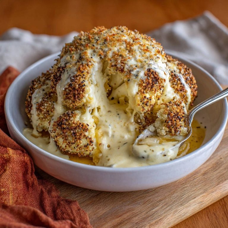 Ganzer Ofen-Blumenkohl mit Parmesan-Kruste und cremiger Käsesauce in Nahaufnahme, serviert in einer Schüssel mit einem Löffel.