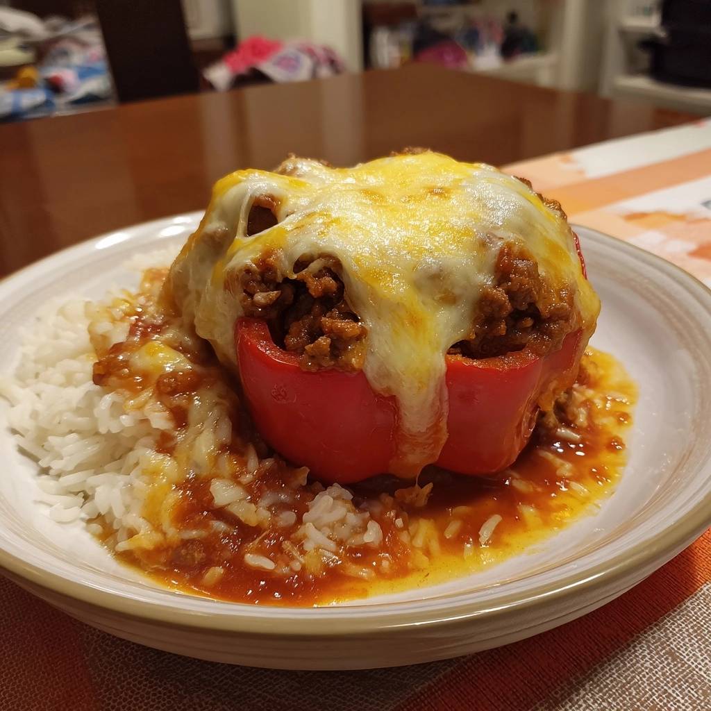 Saftige Gefüllte Paprika mit Hack und Käse serviert auf Reis, mit geschmolzenem Käse bedeckt, ein herzhaftes Gericht.
