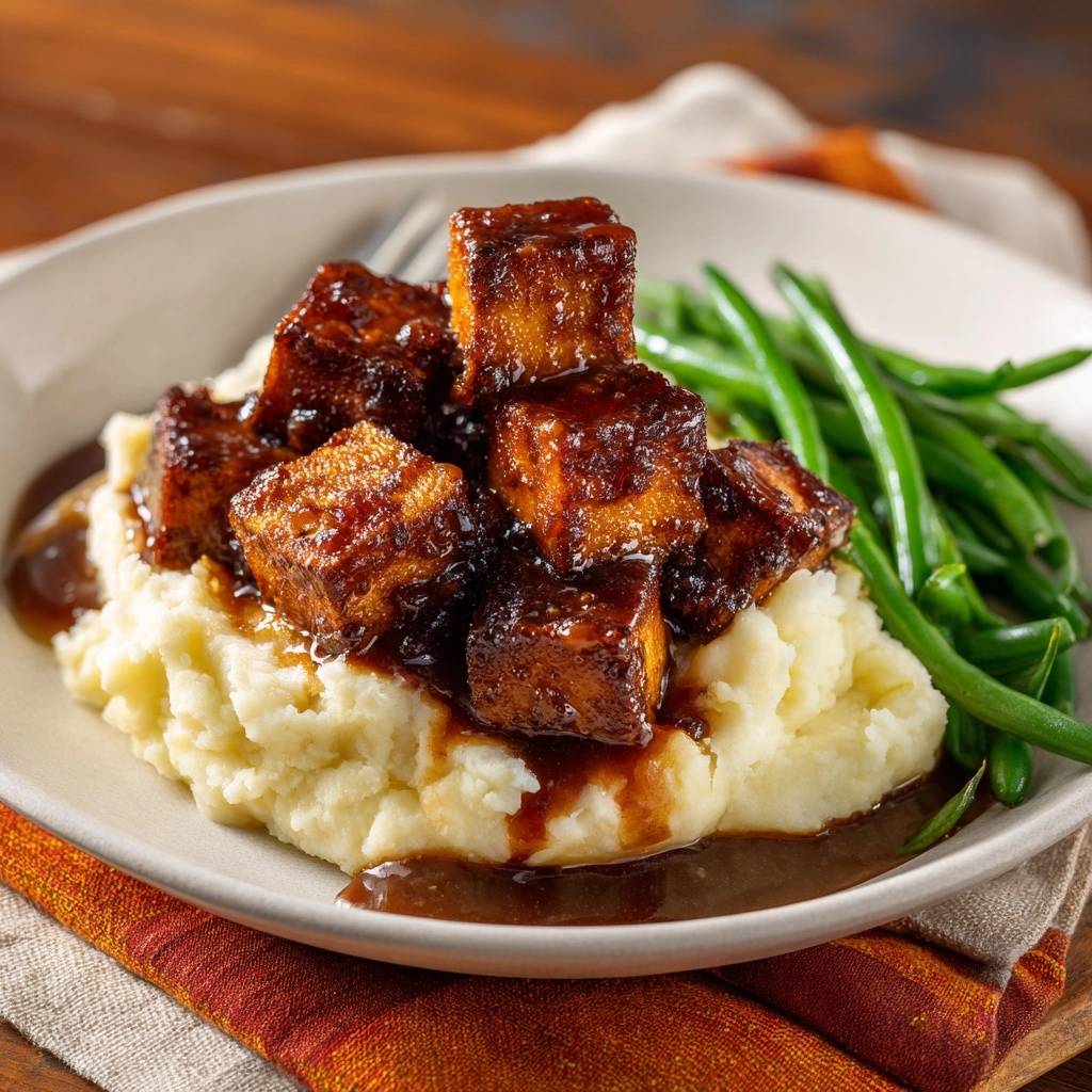 Glasierter Tofu mit grünen Bohnen serviert auf cremigem Kartoffelpüree, mit glänzender Glasur und frischen grünen Bohnen.