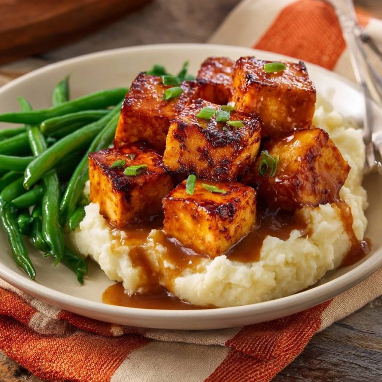 Glasierter Tofu mit grünen Bohnen und cremigem Kartoffelpüree, nahaufnahme der glasierten Tofuwürfel auf dem Püree.
