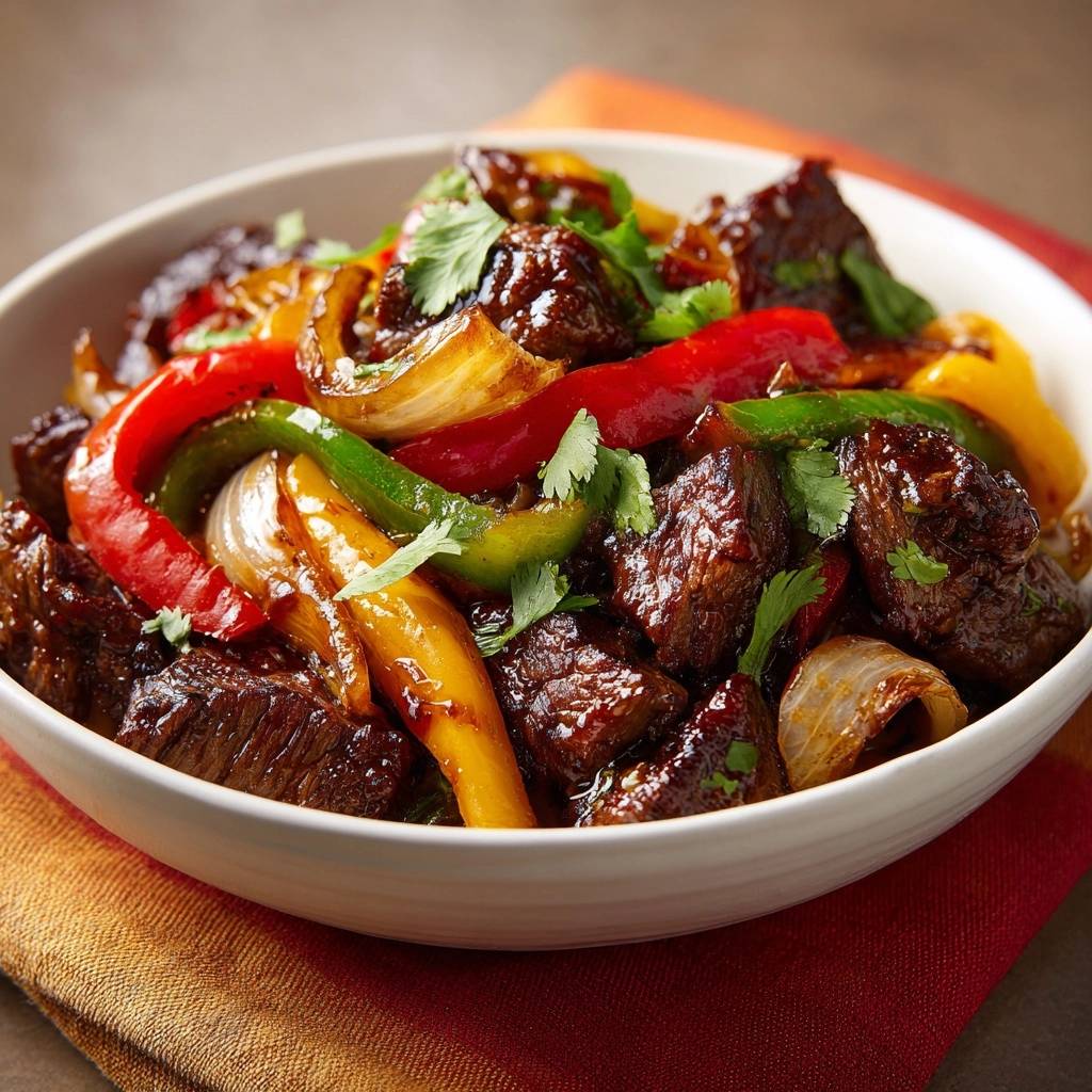 Glasiertes Rindfleisch Mit Paprika Nahaufnahme 1 Glasiertes Rindfleisch mit Paprika in einer Nahaufnahme, die die glänzende Glasur und frische Kräuter zeigt, serviert in einer Schüssel.